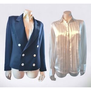 Vtg Lilli Ann Satin Ivory Blouse &‎ Navy Blazer S/M